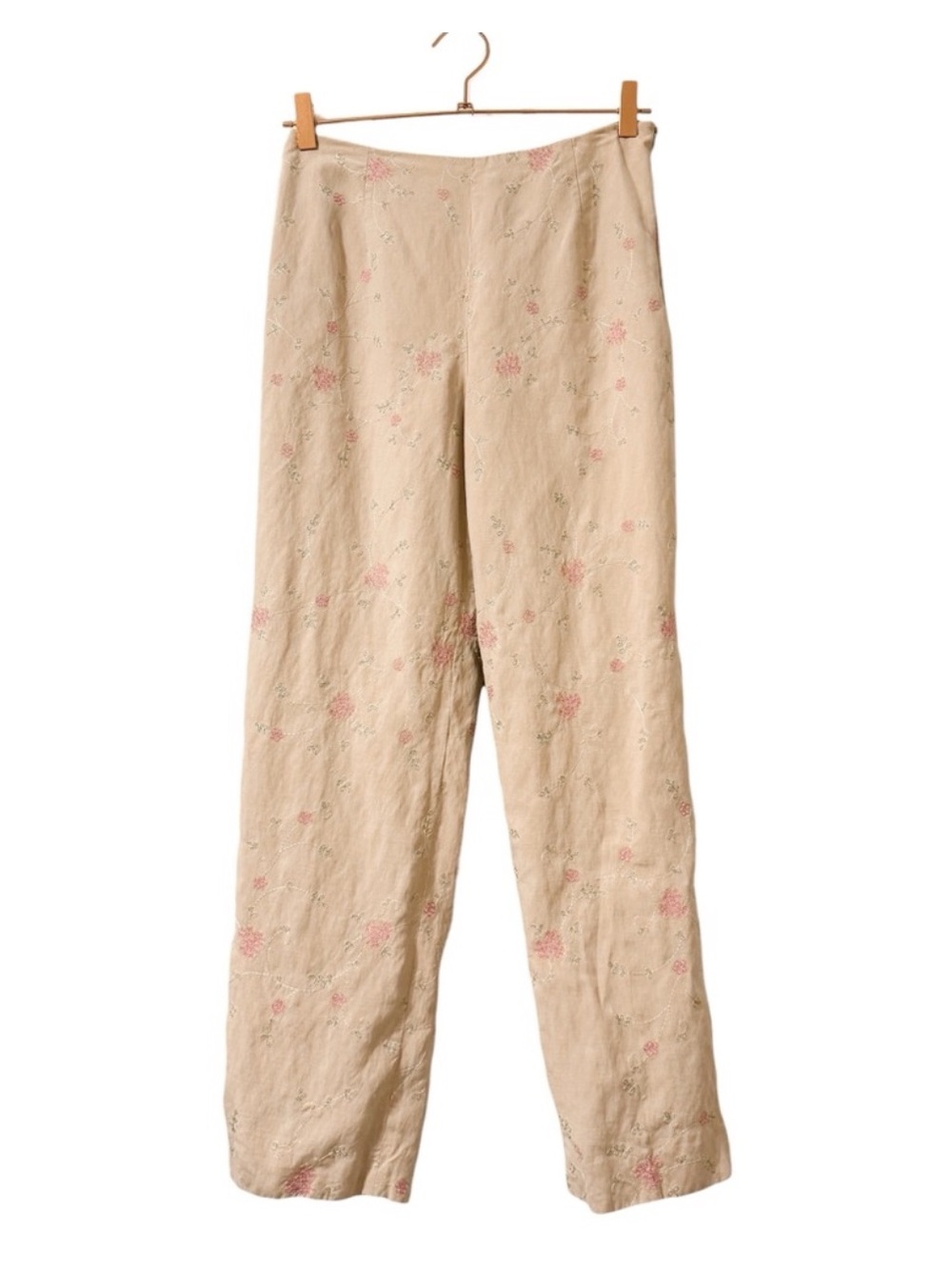 Loft Vintage Beige Floral Embroidered Linen Silk Straight Leg Pants Size 4